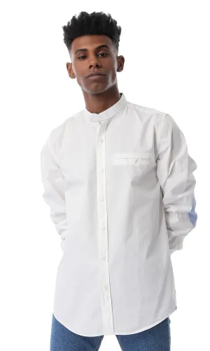 35683 Mandarin Buttoned Collar Soft Cotton Shirt Off White