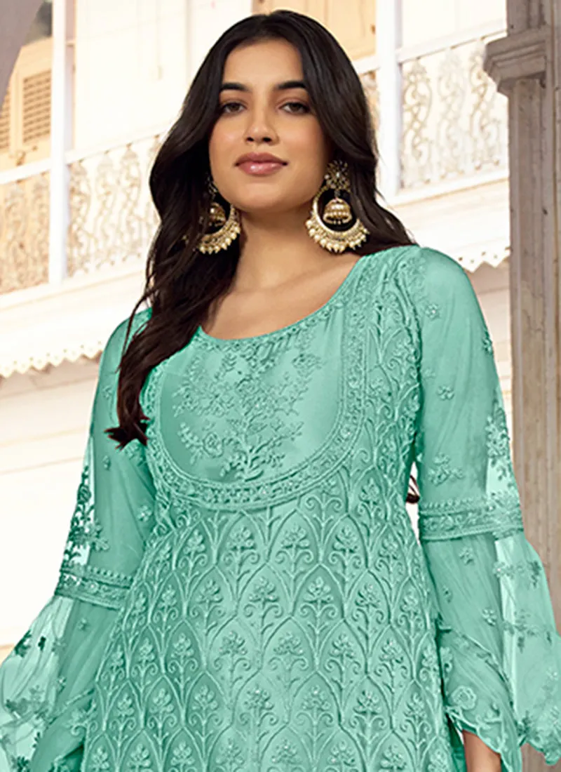 Aqua Blue Embroidery Pakistani Pant Style Suit