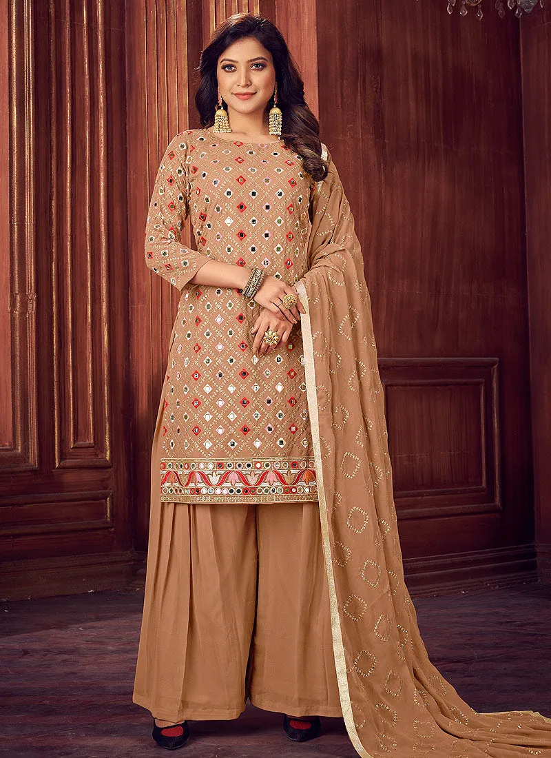 Beige Golden Mirror Embroidered Palazzo Suit