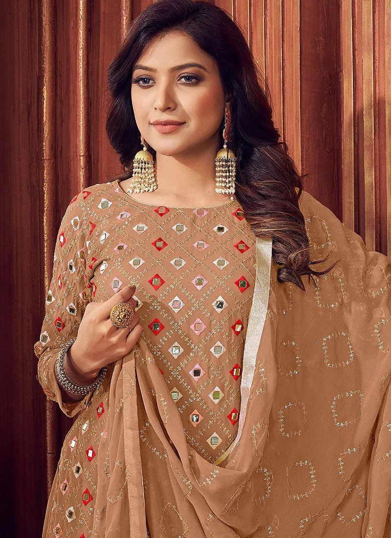 Beige Golden Mirror Embroidered Palazzo Suit