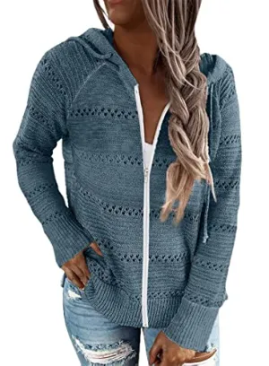 Biucly Womens Solid Color Lightweight Knit Sweater Casual Long Sleeve Zip Up Hoodie Jacket Drawstring Hooded Sweatshirt Tops Fall Fashion Clothes for Women 2022,US 18-20(2XL),Deep Blue