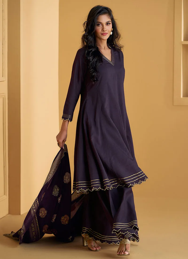 Deep Purple Embroidery Short Anarkali Style Palazzo Suit