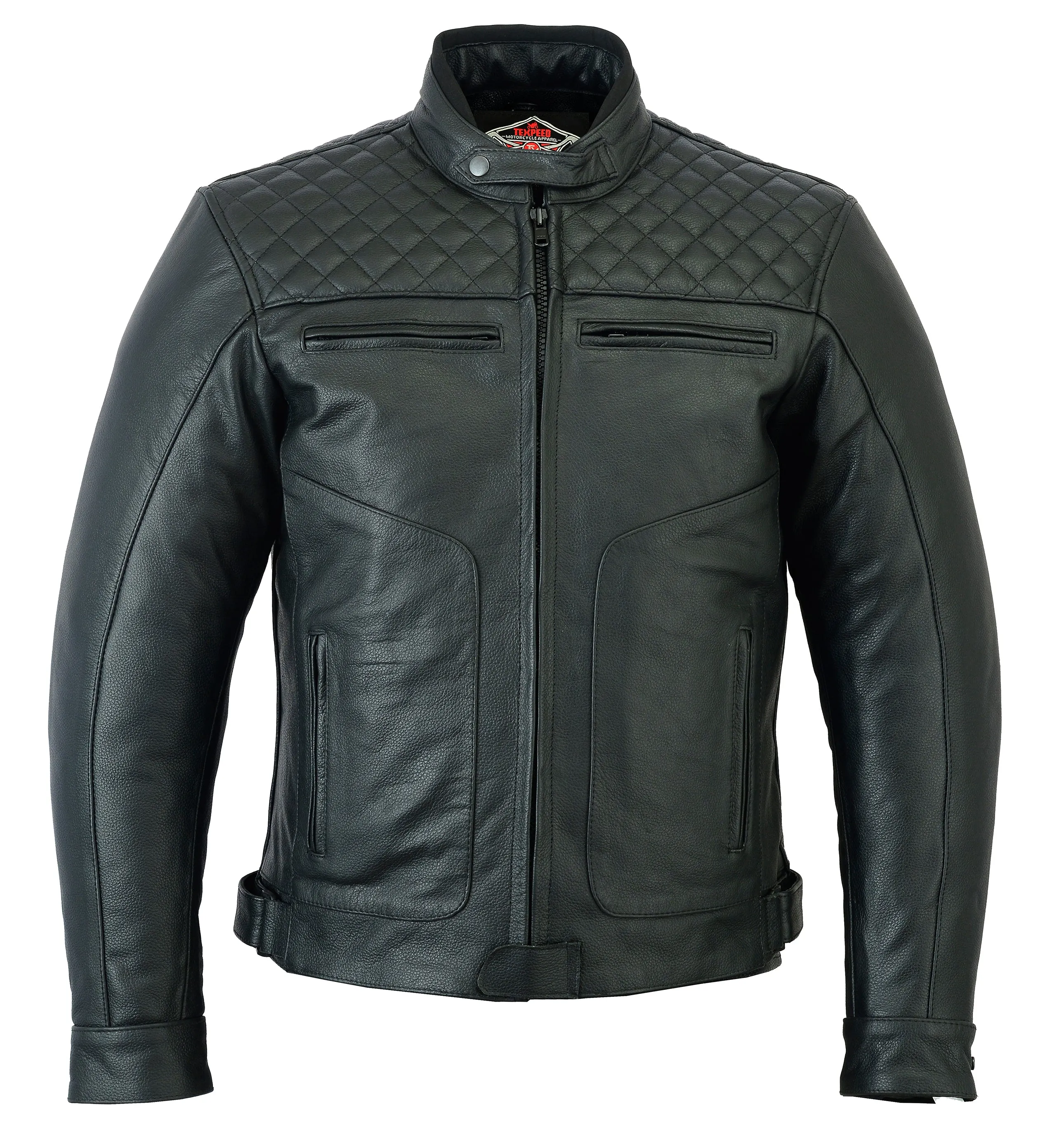 Diamond Stitched Black Leather Motorcycle Jacket