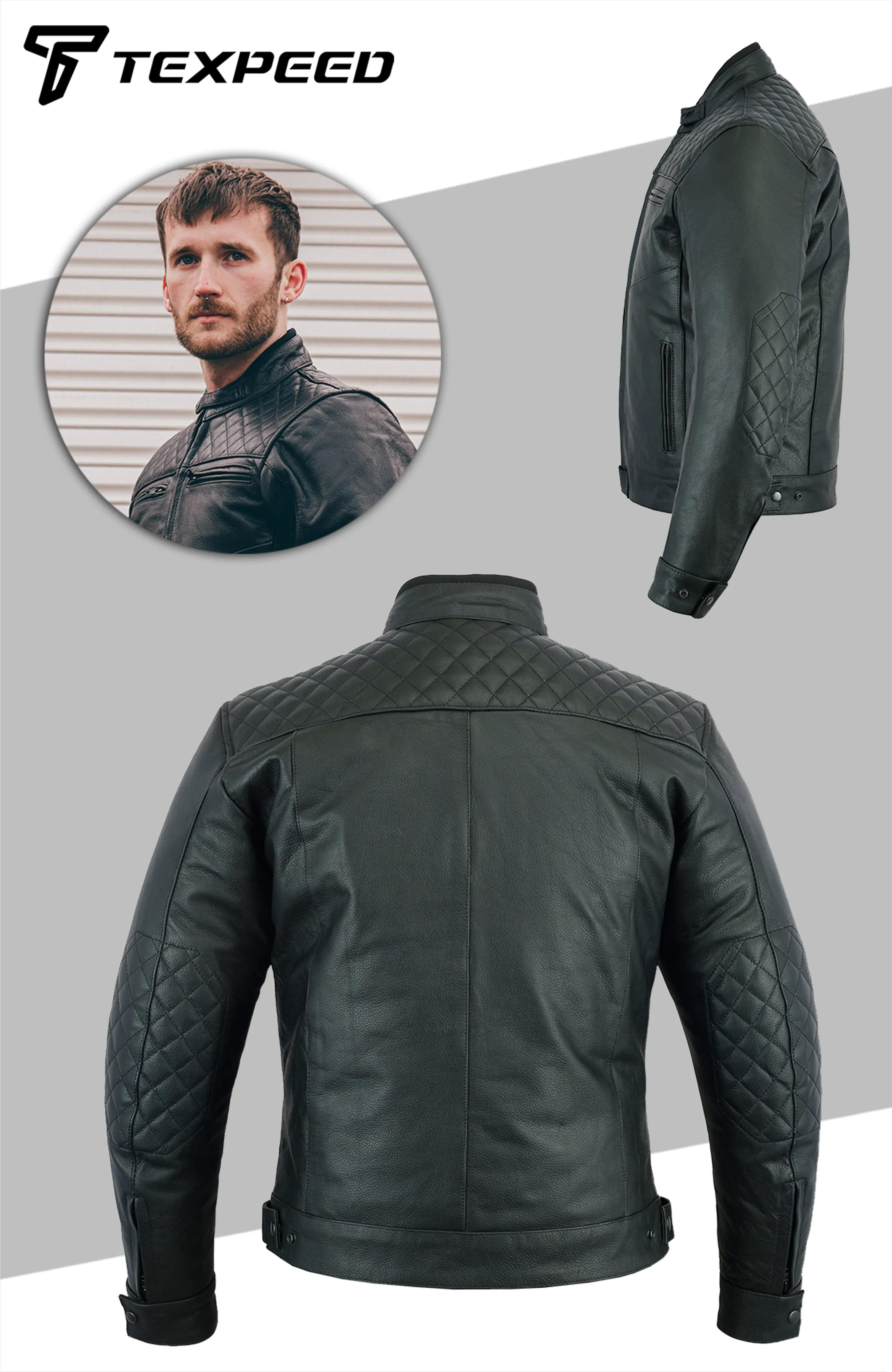 Diamond Stitched Black Leather Motorcycle Jacket