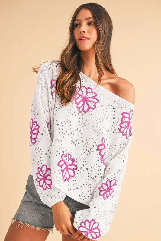 Flower Print Drop Shoulder Hollow Knit Sweater