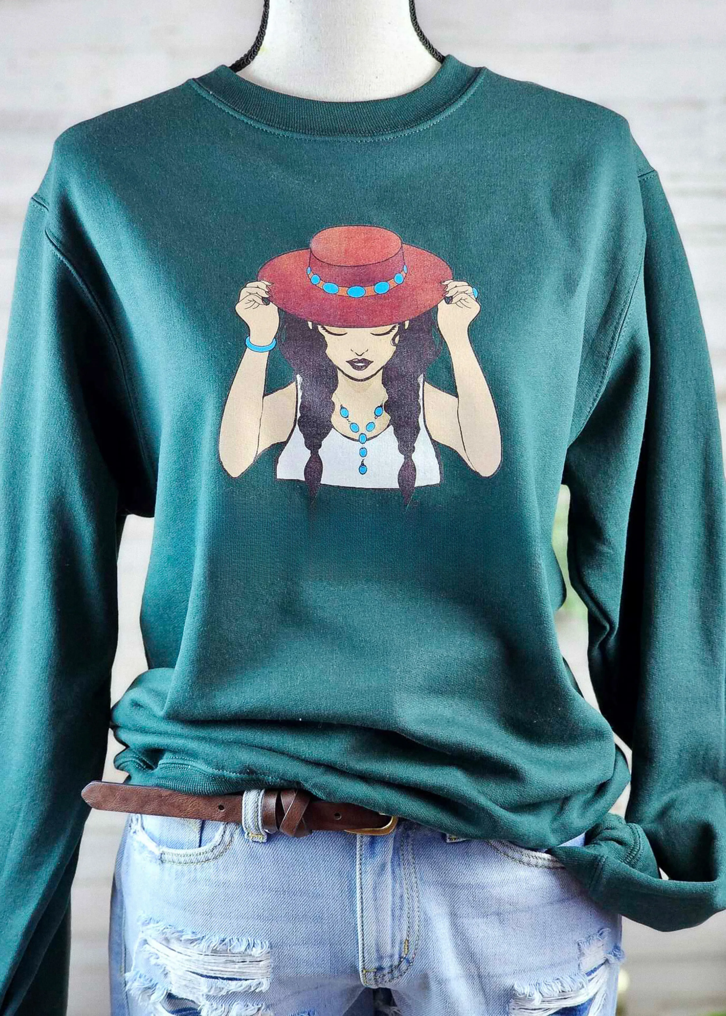 Forest Green Boho Cowgirl Pullover Sweatshirt