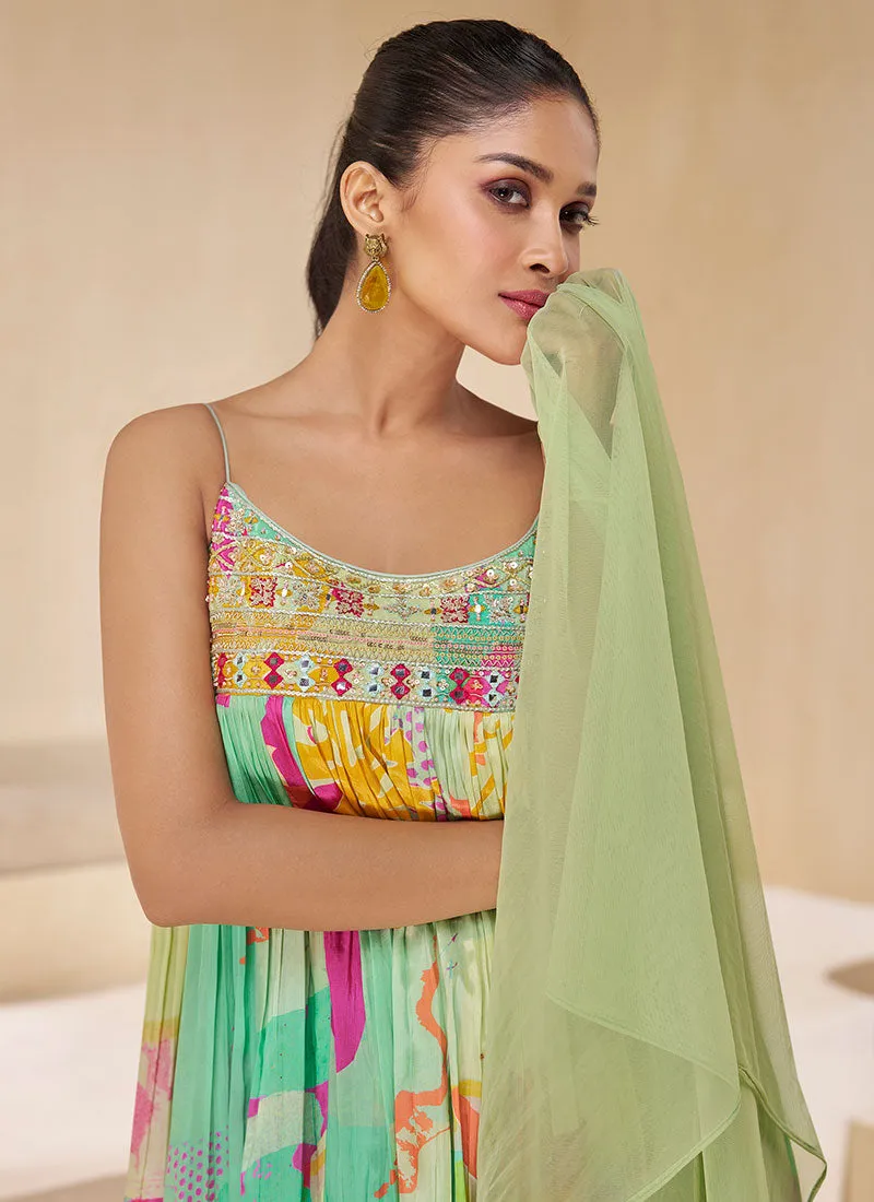 Green Multicoloured Embroidery Sharara Style Suit