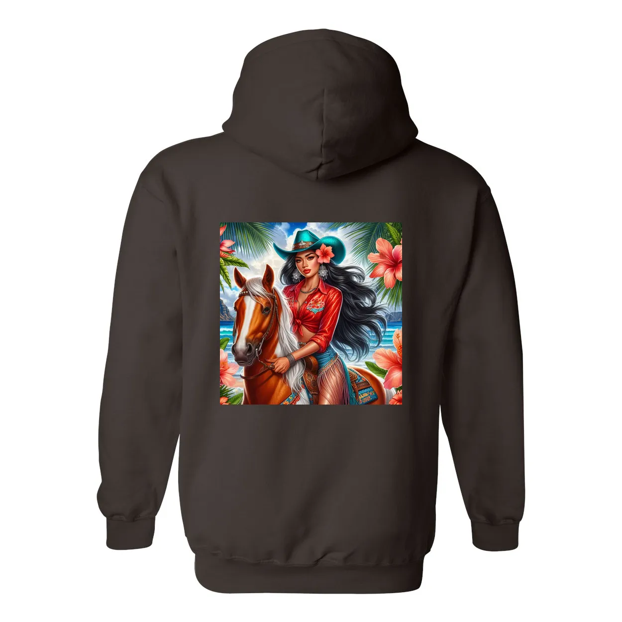 Hawaiian Cowgirl on Horse Design on Back Front Pocket Hoodies