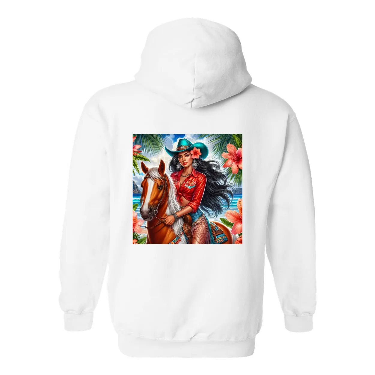 Hawaiian Cowgirl on Horse Design on Back Front Pocket Hoodies