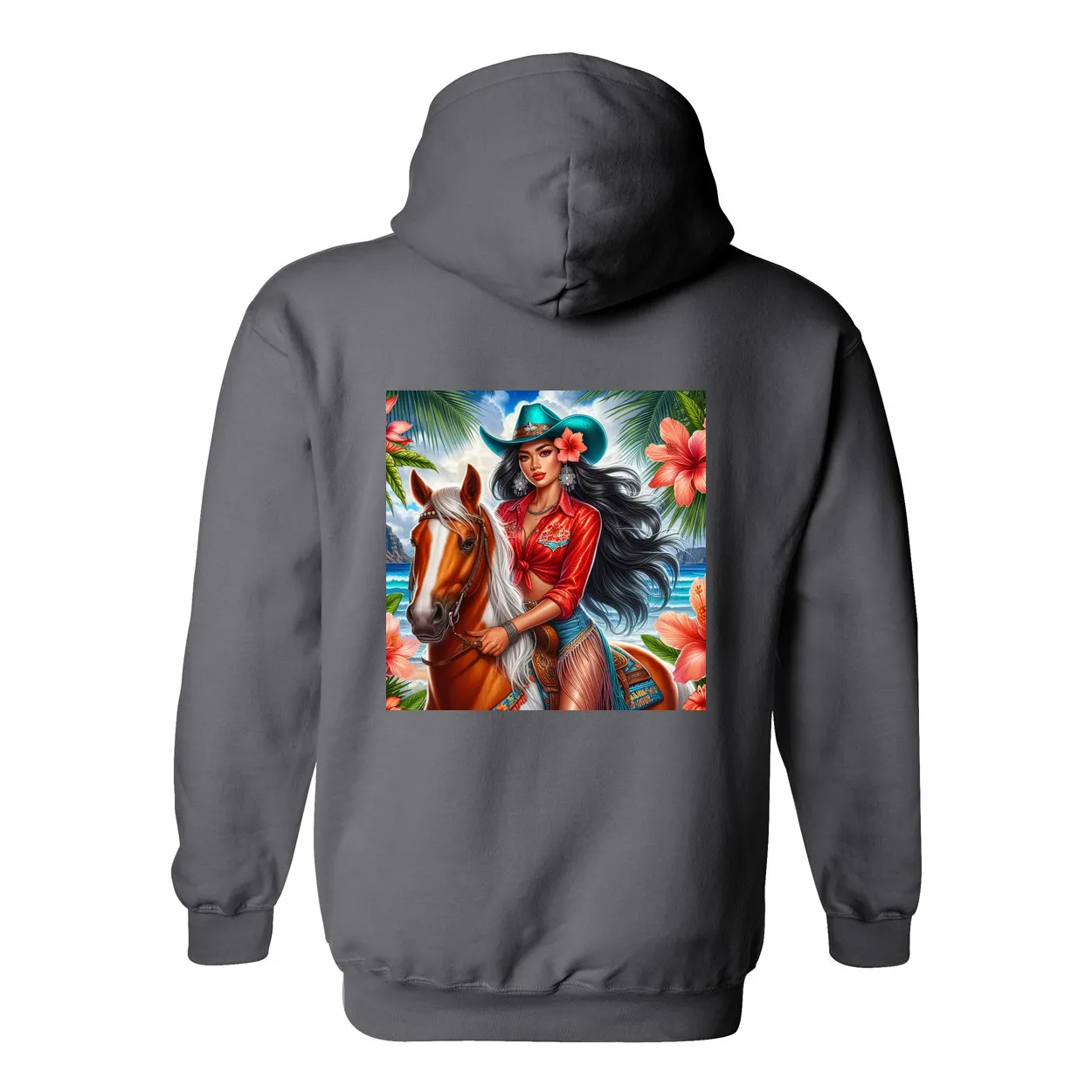 Hawaiian Cowgirl on Horse Design on Back Front Pocket Hoodies