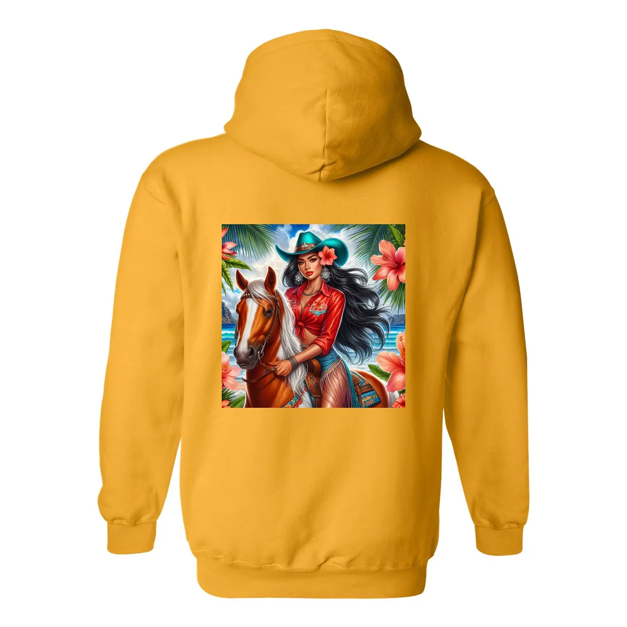 Hawaiian Cowgirl on Horse Design on Back Front Pocket Hoodies