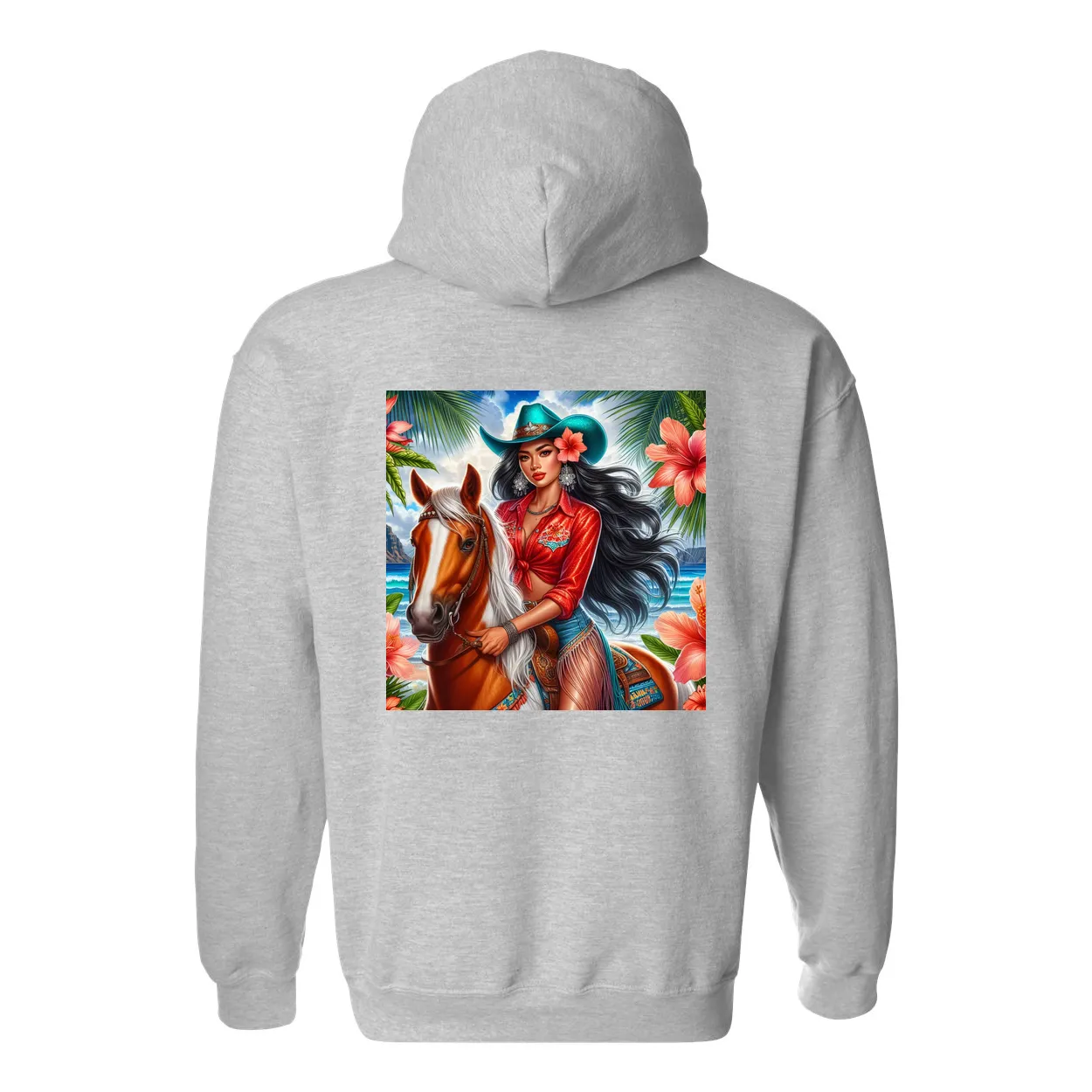 Hawaiian Cowgirl on Horse Design on Back Front Pocket Hoodies