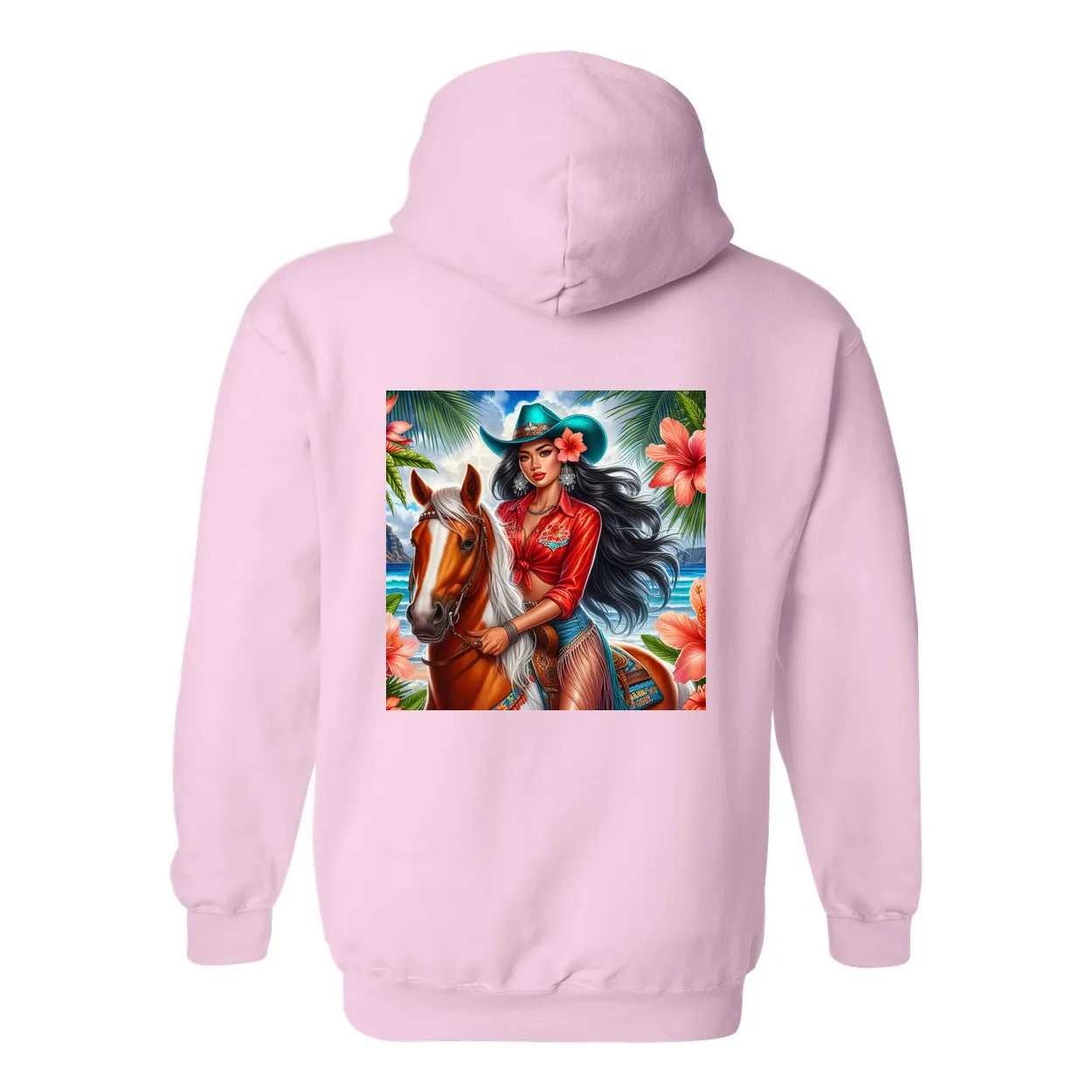 Hawaiian Cowgirl on Horse Design on Back Front Pocket Hoodies