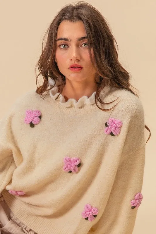 Hazel Blues® |  BiBi Ruffled Crochet Flower Dropped Shoulder Sweater