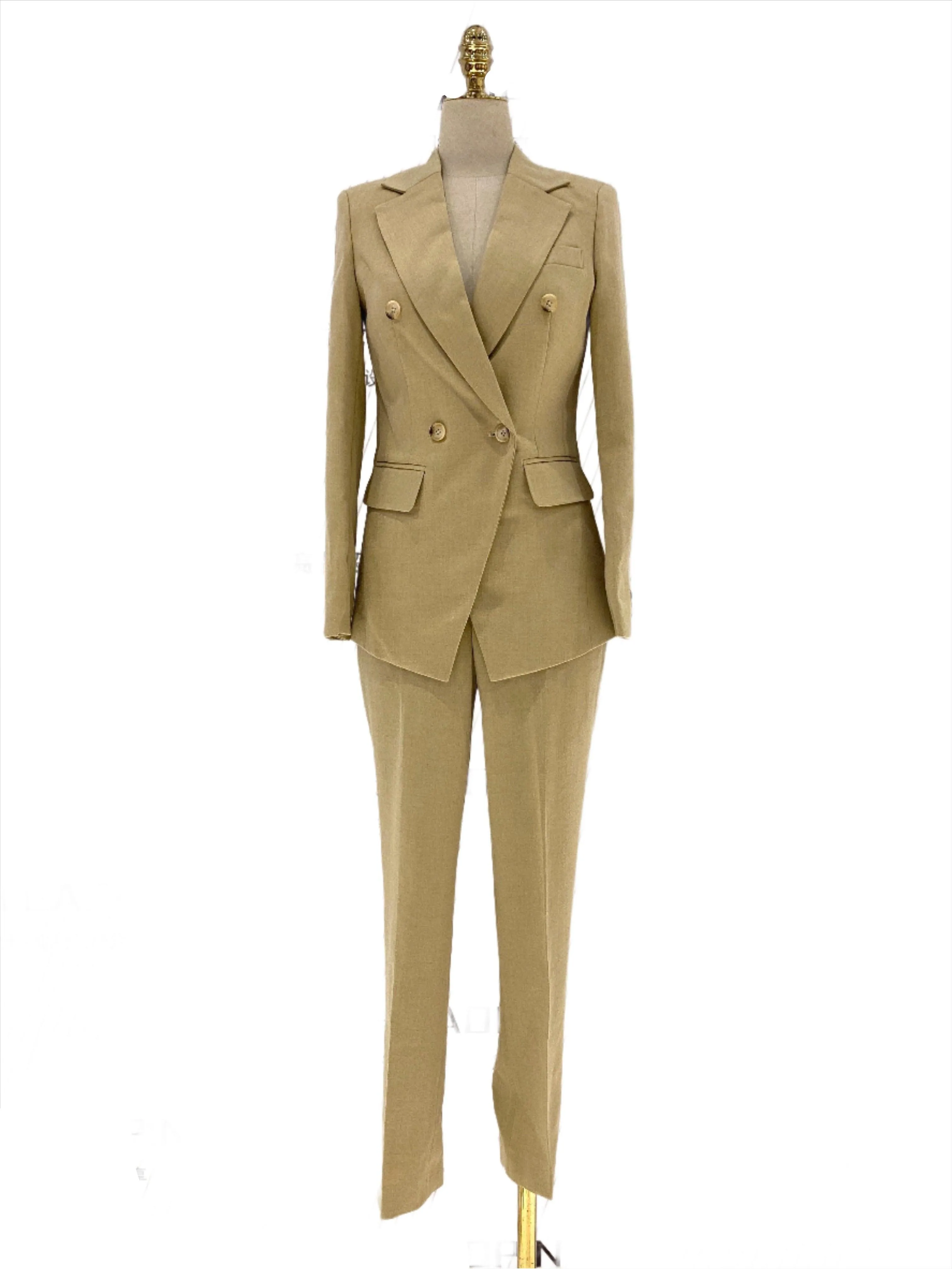 Khaki Women Pant Suit - Double Breasted Trouser Suit