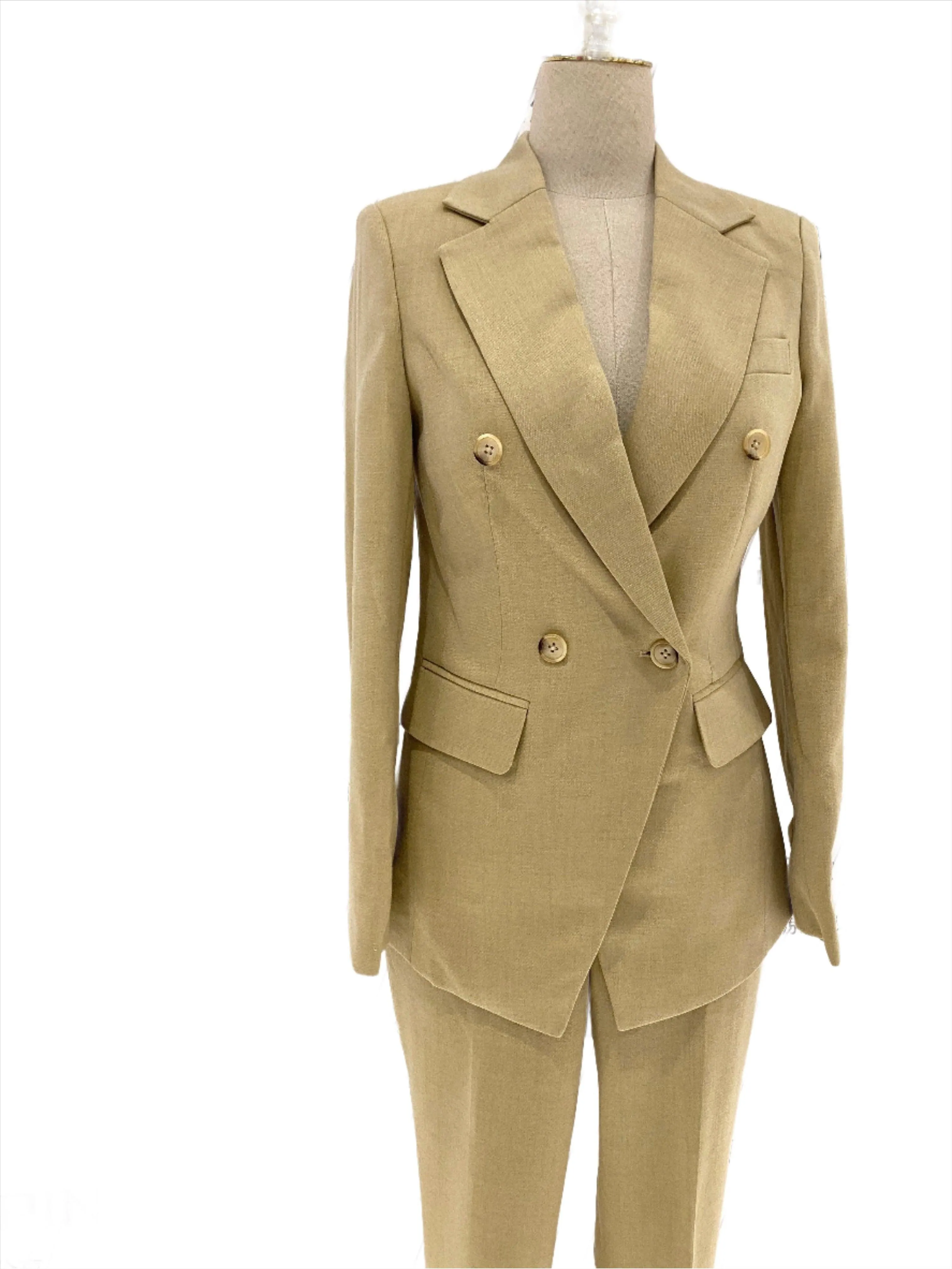 Khaki Women Pant Suit - Double Breasted Trouser Suit