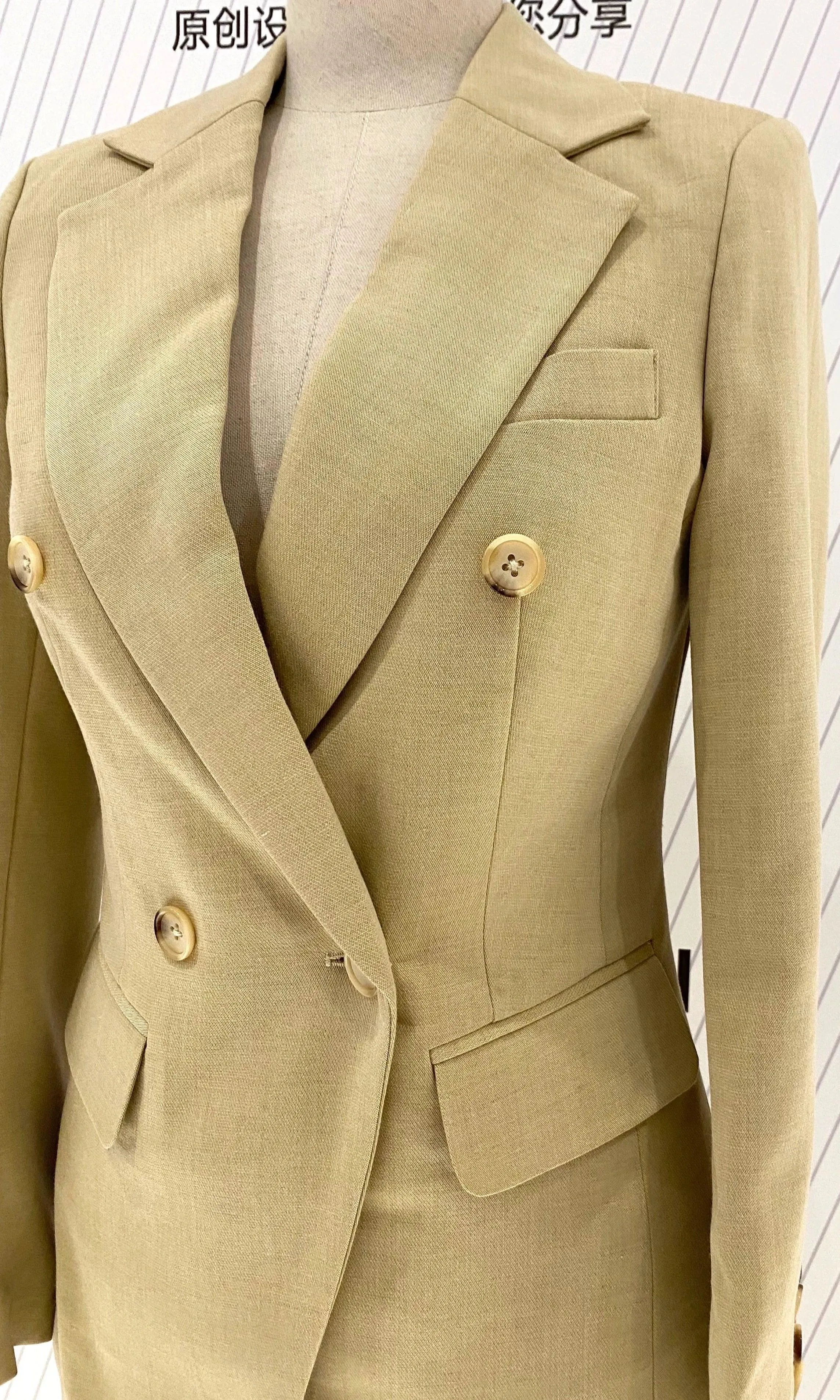 Khaki Women Pant Suit - Double Breasted Trouser Suit