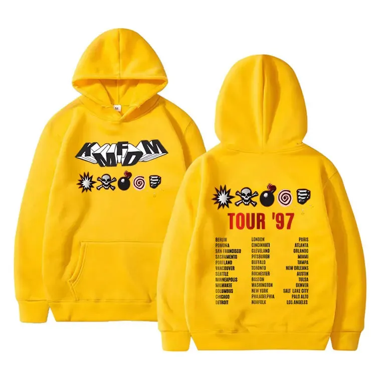 KMFDM Tour '97 Graphic Hoodie – Unisex Vintage Gothic Punk Fleece Pullover Sweatshirt