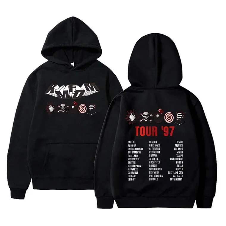 KMFDM Tour '97 Graphic Hoodie – Unisex Vintage Gothic Punk Fleece Pullover Sweatshirt