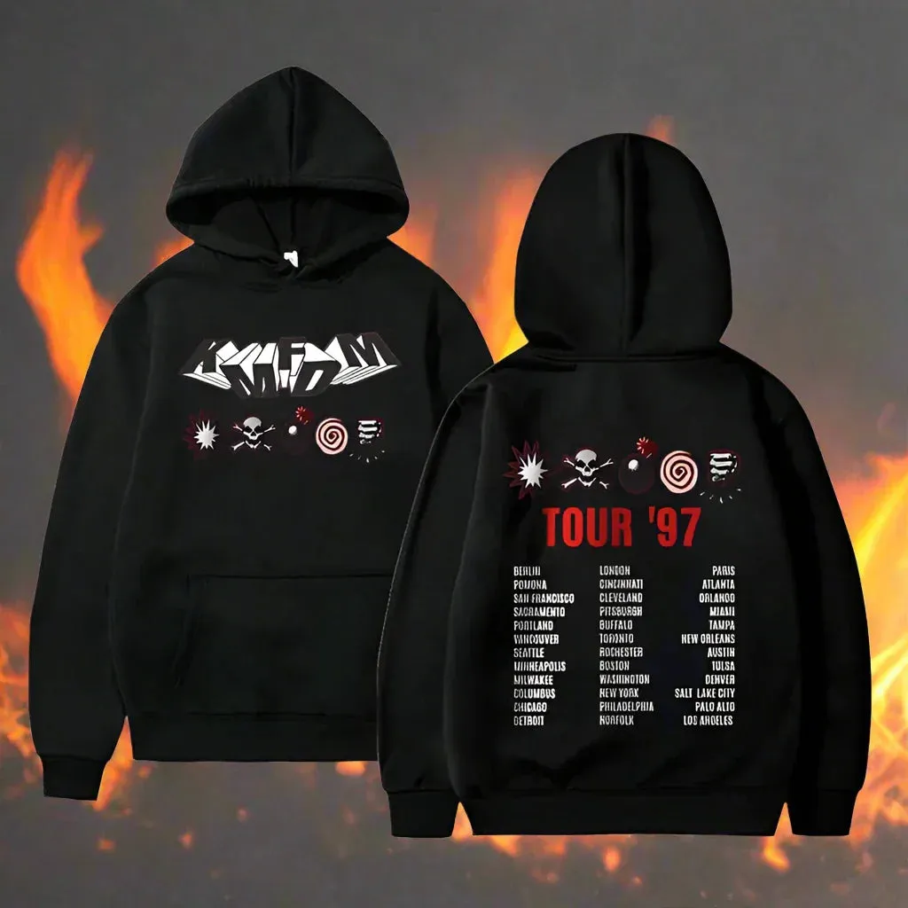 KMFDM Tour '97 Graphic Hoodie – Unisex Vintage Gothic Punk Fleece Pullover Sweatshirt