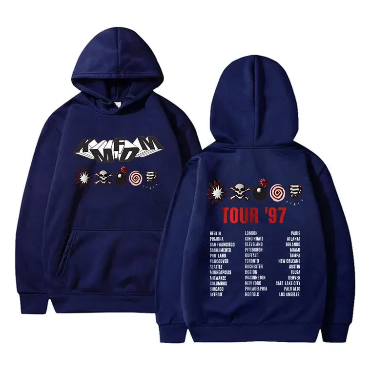 KMFDM Tour '97 Graphic Hoodie – Unisex Vintage Gothic Punk Fleece Pullover Sweatshirt