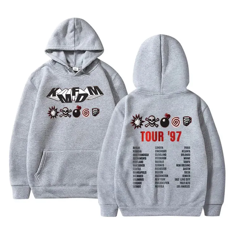 KMFDM Tour '97 Graphic Hoodie – Unisex Vintage Gothic Punk Fleece Pullover Sweatshirt