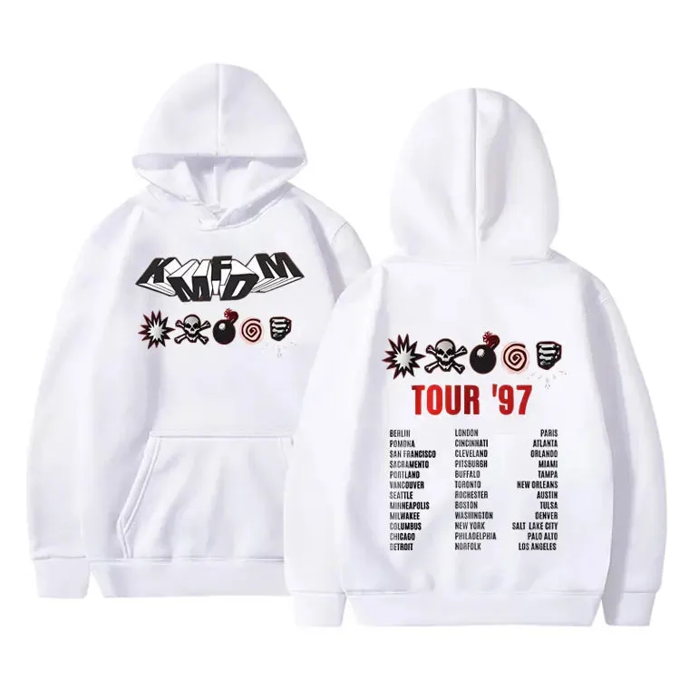 KMFDM Tour '97 Graphic Hoodie – Unisex Vintage Gothic Punk Fleece Pullover Sweatshirt