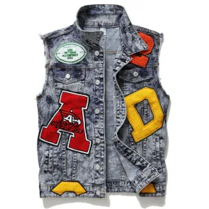 Letter Embroidery Men's Denim Waistcoat Button Up Denim Vest