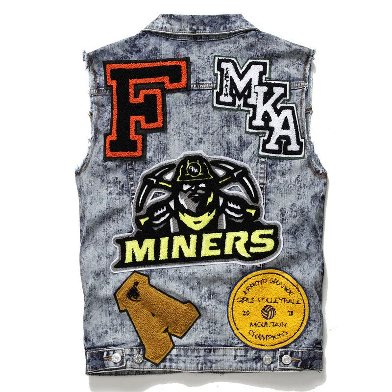 Letter Embroidery Men's Denim Waistcoat Button Up Denim Vest