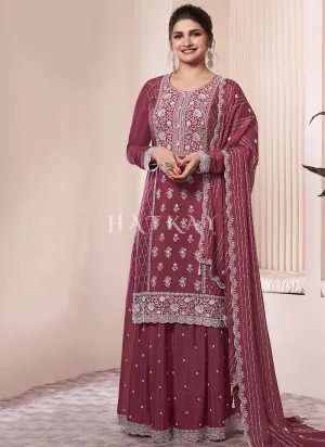 Mauve Sequence And Thread Embroidery Palazzo Suit