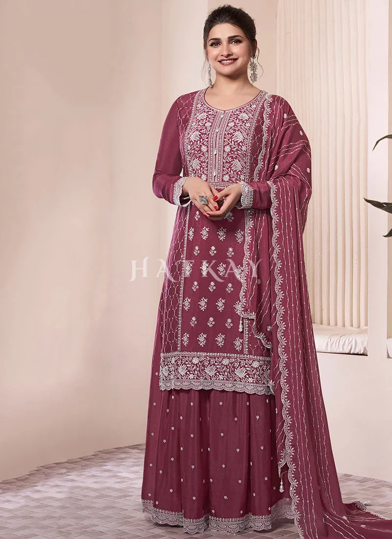 Mauve Sequence And Thread Embroidery Palazzo Suit