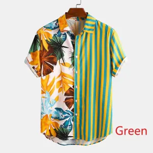 Men Ethnic Printed Shirts Short Sleeve Lapel Patchwork Shirt Casual Loose Soft Camisas Summer Hawaiian Holiday Blusas Plus Size