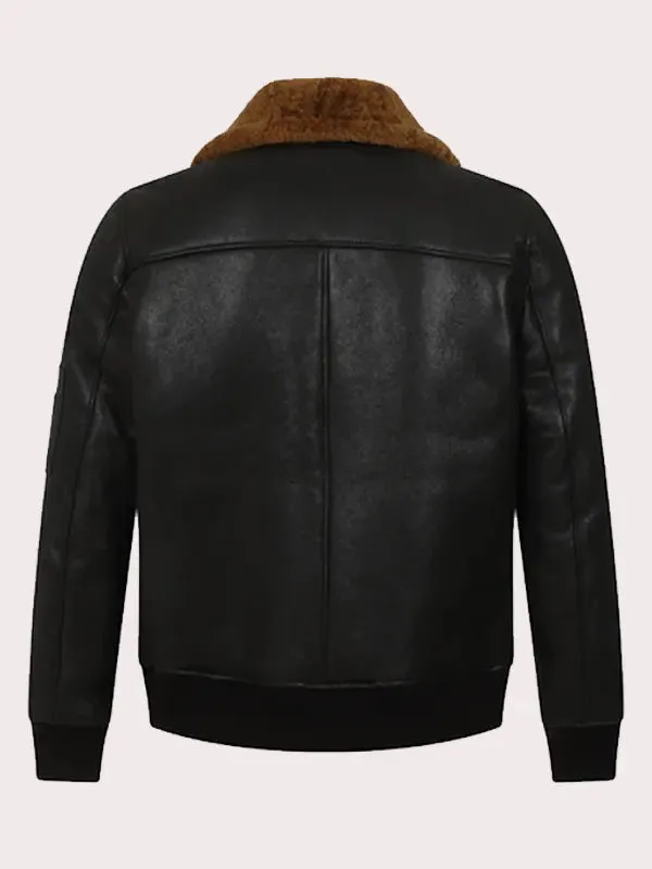 MENS BLACK BOMBER AVIATOR SHEARLING JACKET