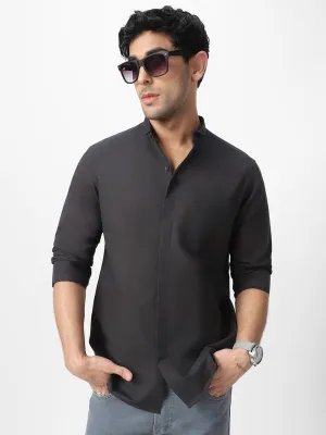 Men's Charcoal Cotton Full Sleeve Regular Fit Casual Solid Shirt with Band Collar