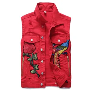 Men's Embroidery Denim Waistcoat Red Sleeveless Denim Vest