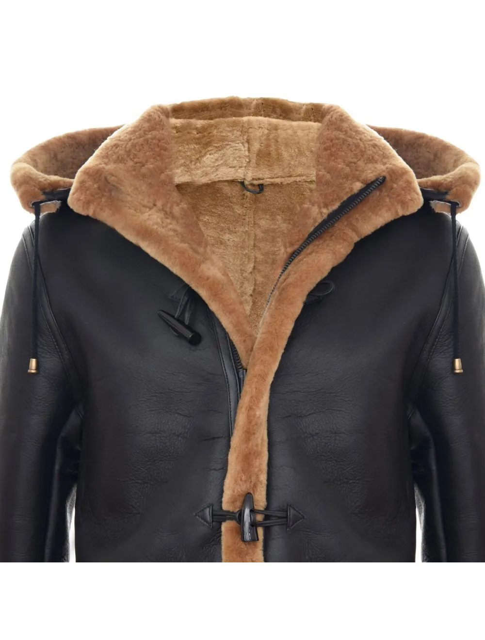 Men's New Winter Sheepskin Leather Ginger Hooded Duffle Coat