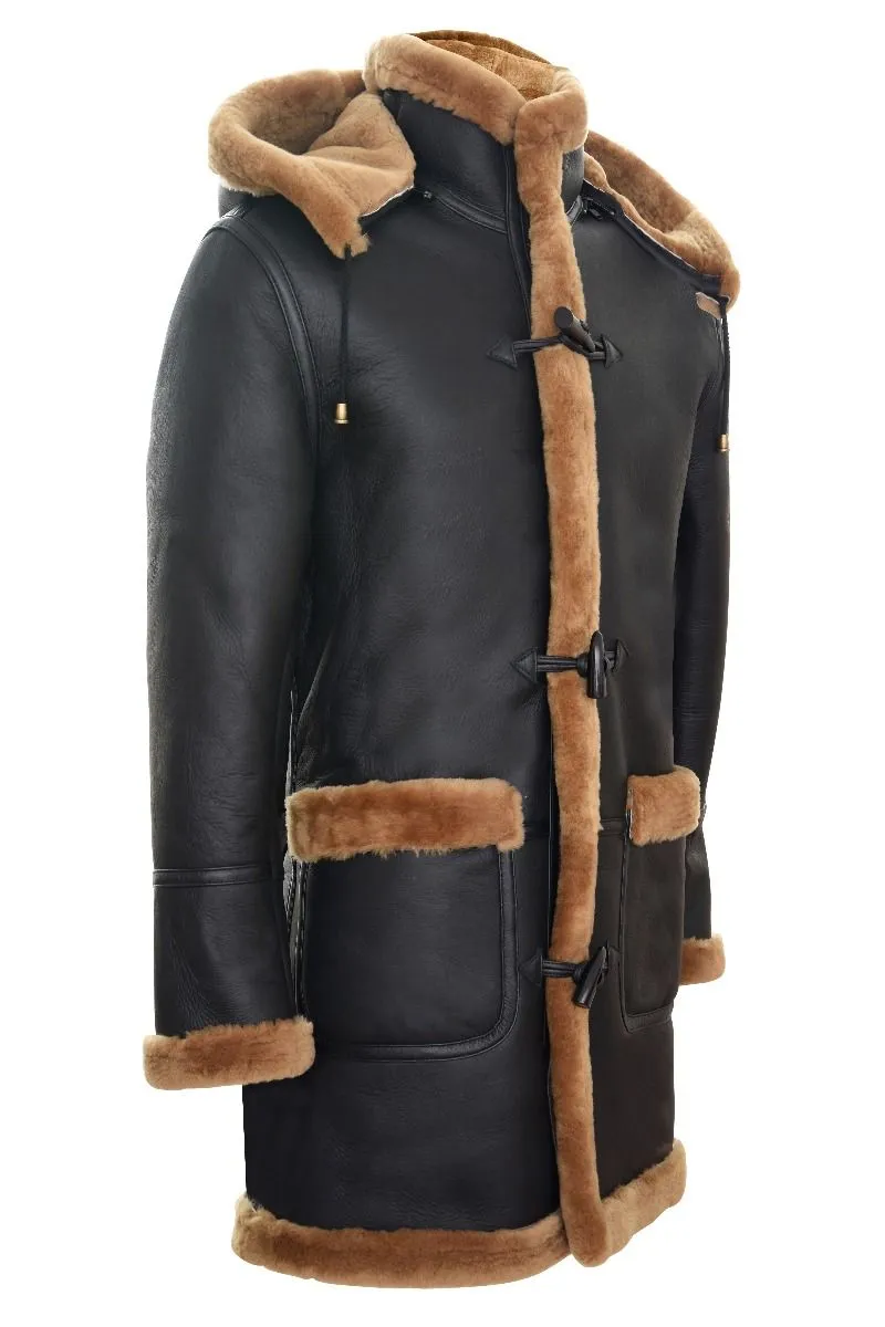 Men's New Winter Sheepskin Leather Ginger Hooded Duffle Coat