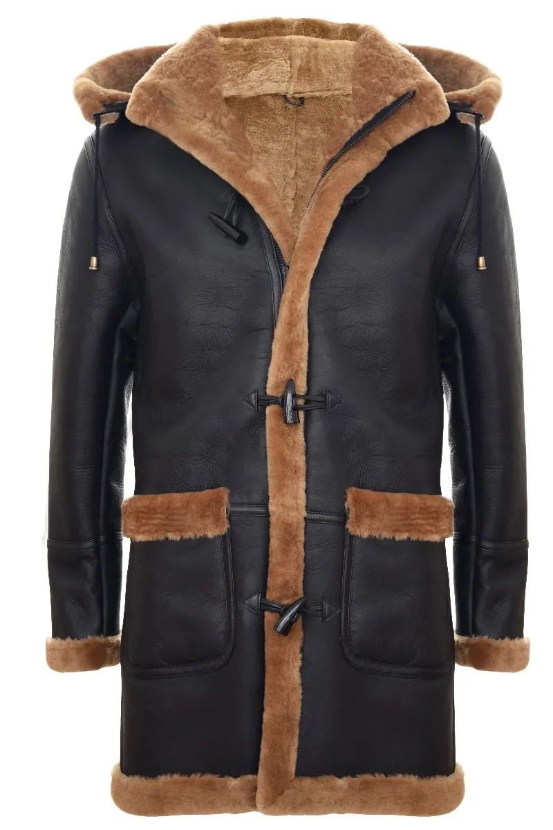 Men's New Winter Sheepskin Leather Ginger Hooded Duffle Coat