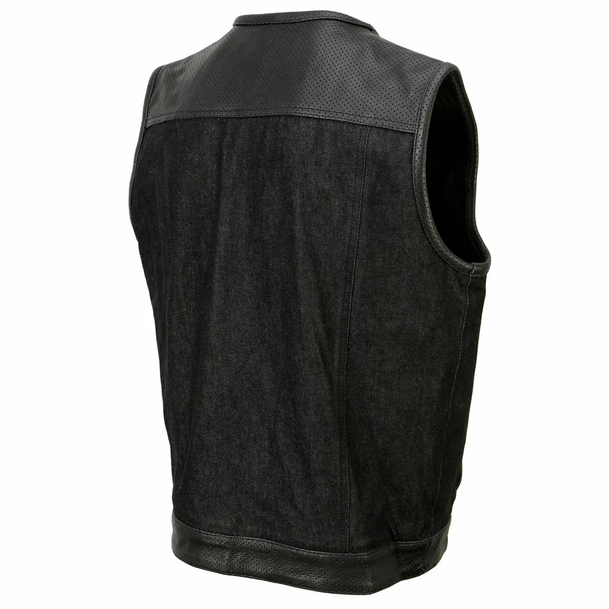 Milwaukee Leather MDM3008 Men's 'Brute' Black Perforated Leather and Denim Club Style Vest w/ Hidden Dual Closure