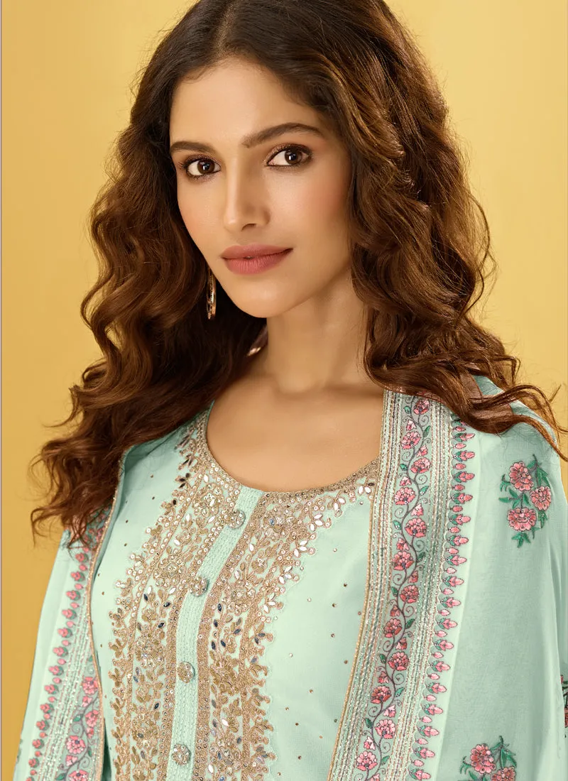 Misty Teal Embroidered Designer Palazzo Suit