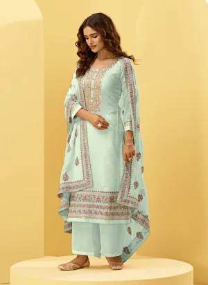 Misty Teal Embroidered Designer Palazzo Suit