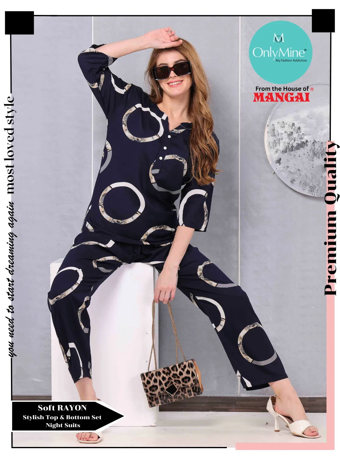 ONLY MINE Premium RAYON Printed Stylish V-Cut Neck Model Night Suits | Stylish Print's All Over | Top & Bottom Set | 3/4 Sleeve| U-Cut Neck | Trendy Night Suits for Stylish Women's (SNS)