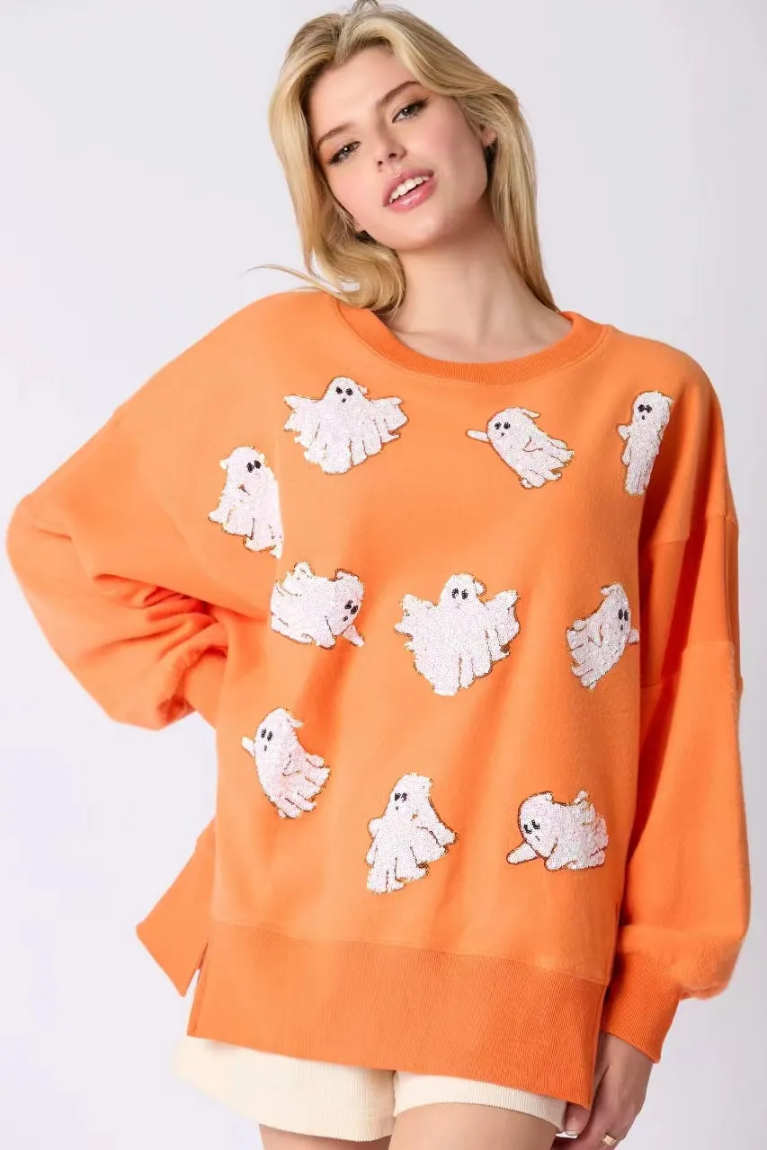 Orange Embroidered Sequin Ghost All Over Sweatshirt