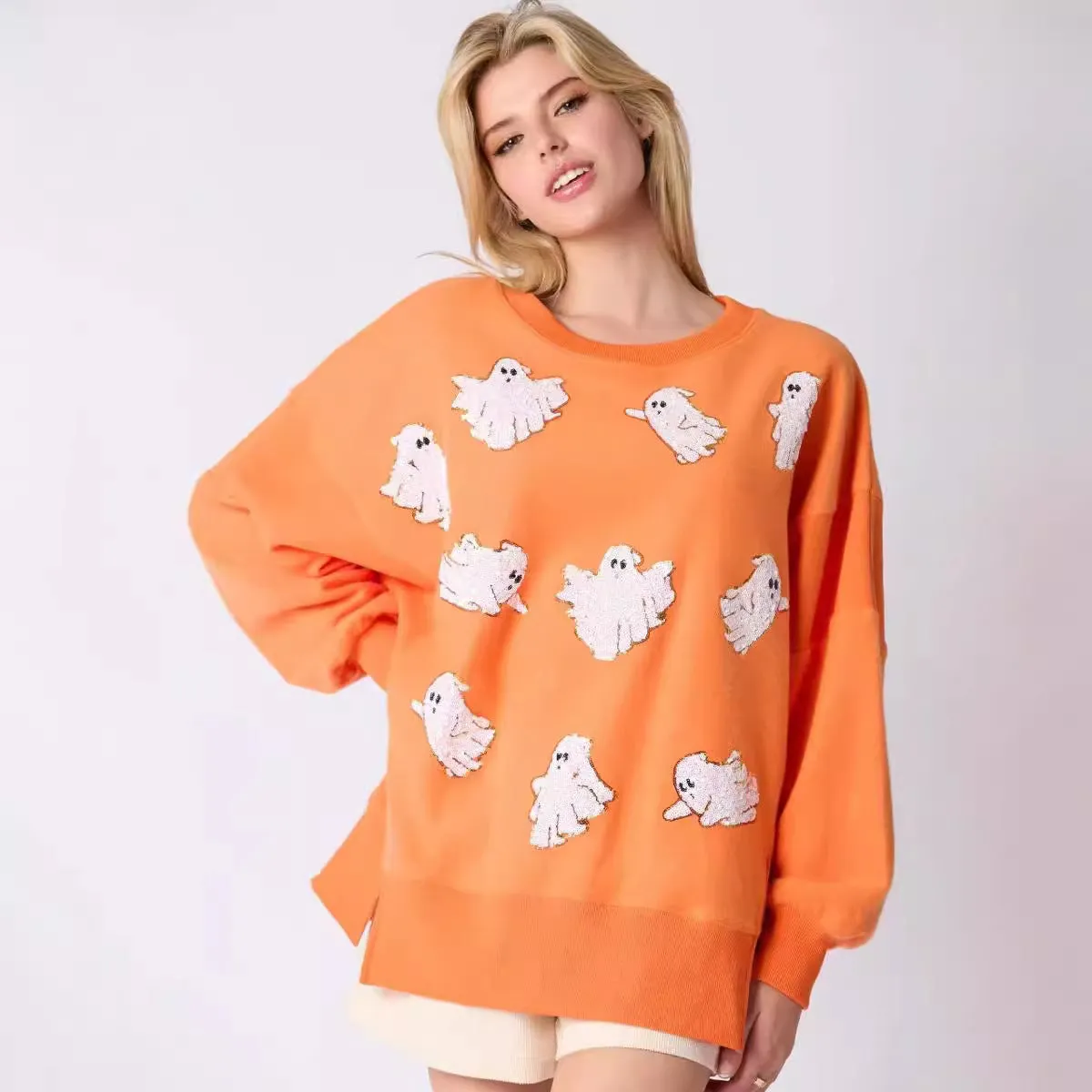 Orange Embroidered Sequin Ghost All Over Sweatshirt