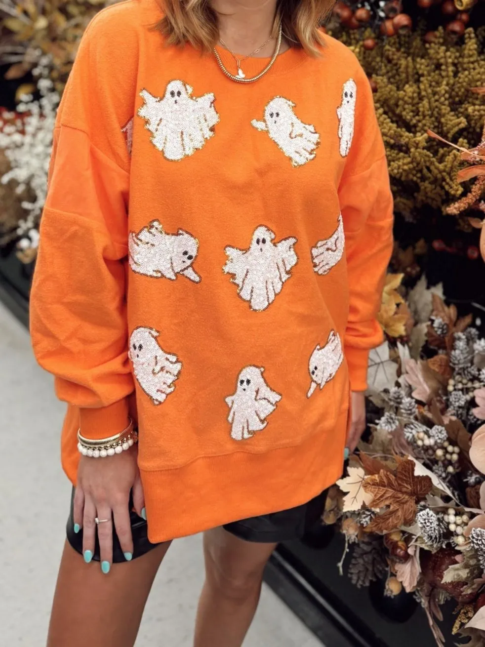 Orange Embroidered Sequin Ghost All Over Sweatshirt