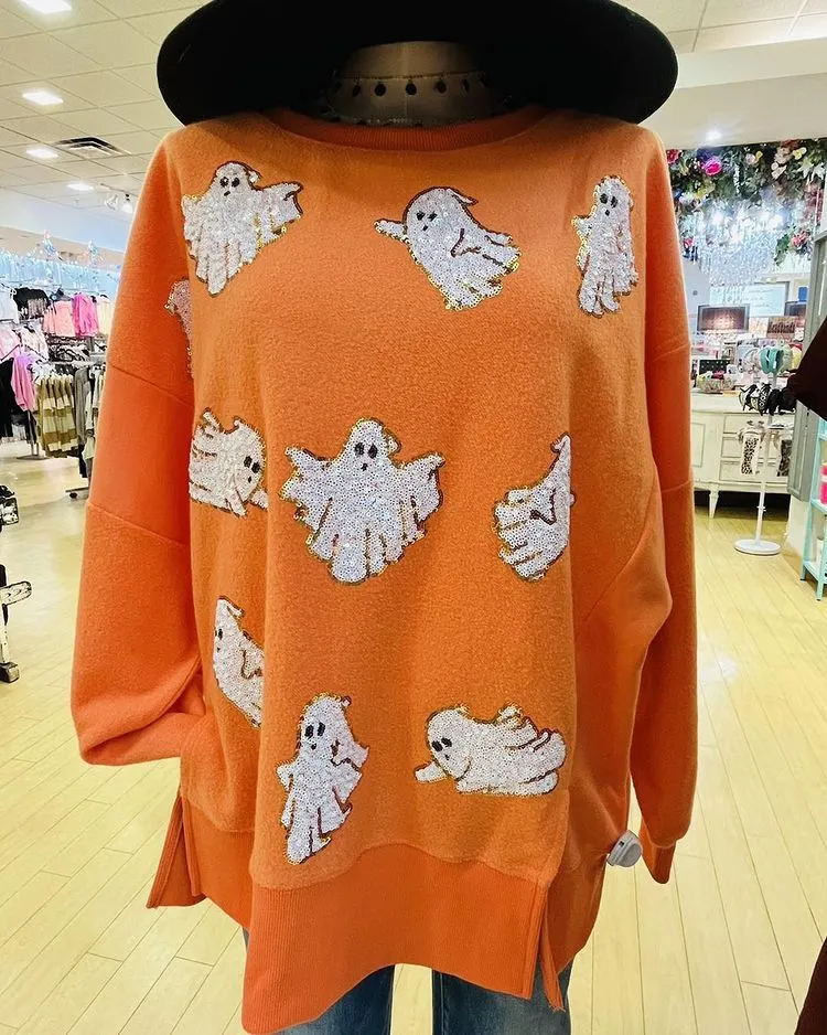 Orange Embroidered Sequin Ghost All Over Sweatshirt