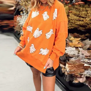 Orange Embroidered Sequin Ghost All Over Sweatshirt