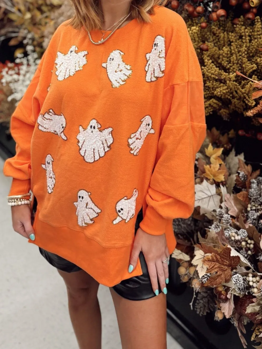 Orange Embroidered Sequin Ghost All Over Sweatshirt