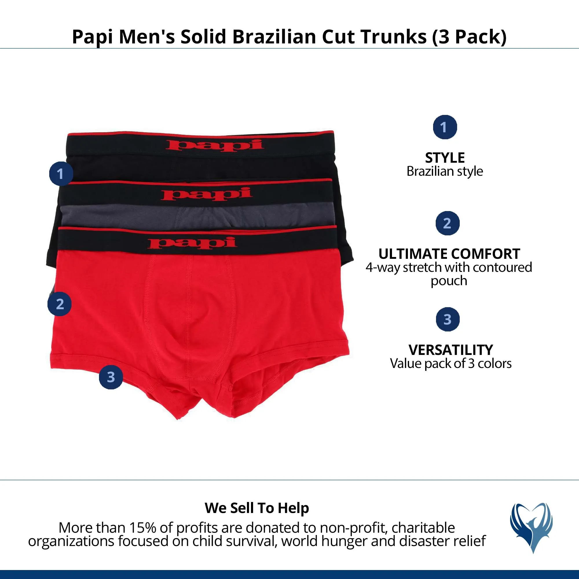 Papi Men's Solid Brazilian Cut Trunks (3 Pack)