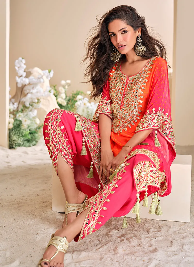 Pink Orange Multi-Embroidery Poncho Style Pant Suit